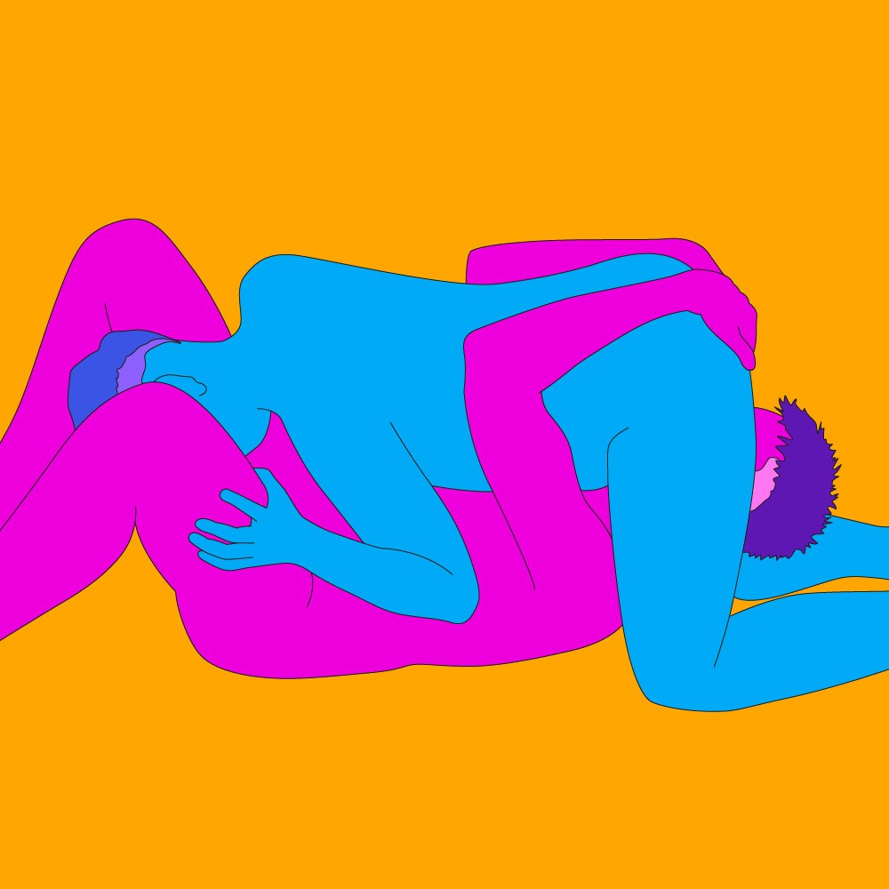 A naked illustrated couple in an analingus variation of the classic 69 sex position.